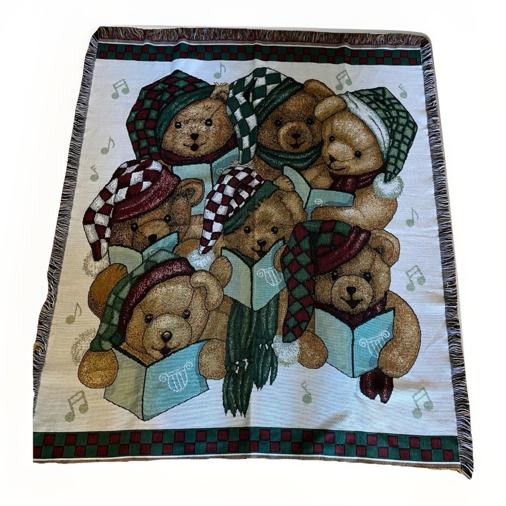 90's American Weavers Made In USA Christmas Tapestry Throw Blanket Teddy Bears